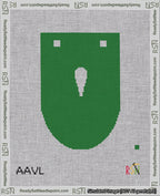 A taped needlepoint canvas with the design: Banner 18 mesh count Rounded Apostrophe White on Green.