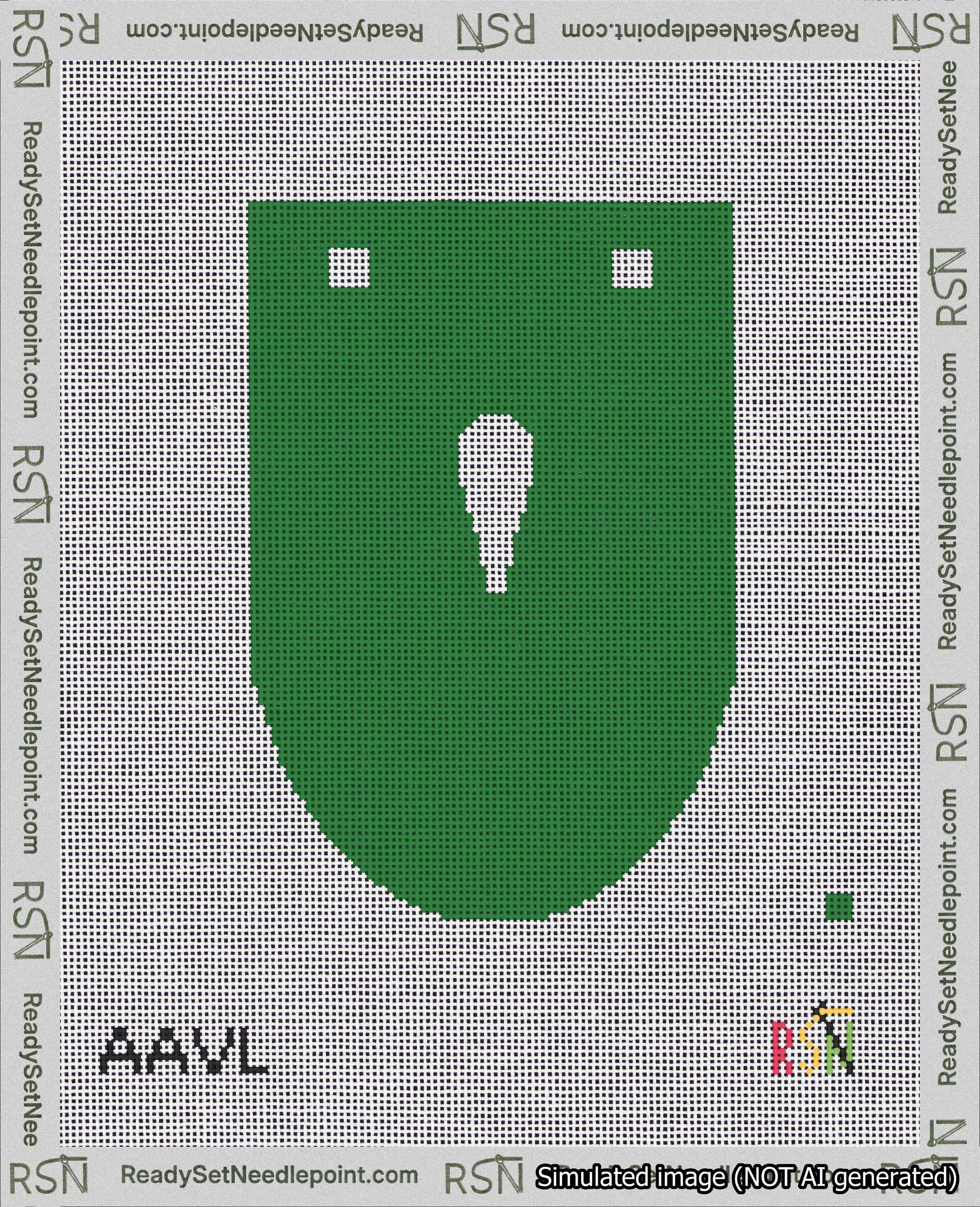 A taped needlepoint canvas with the design: Banner 18 mesh count Rounded Apostrophe White on Green.