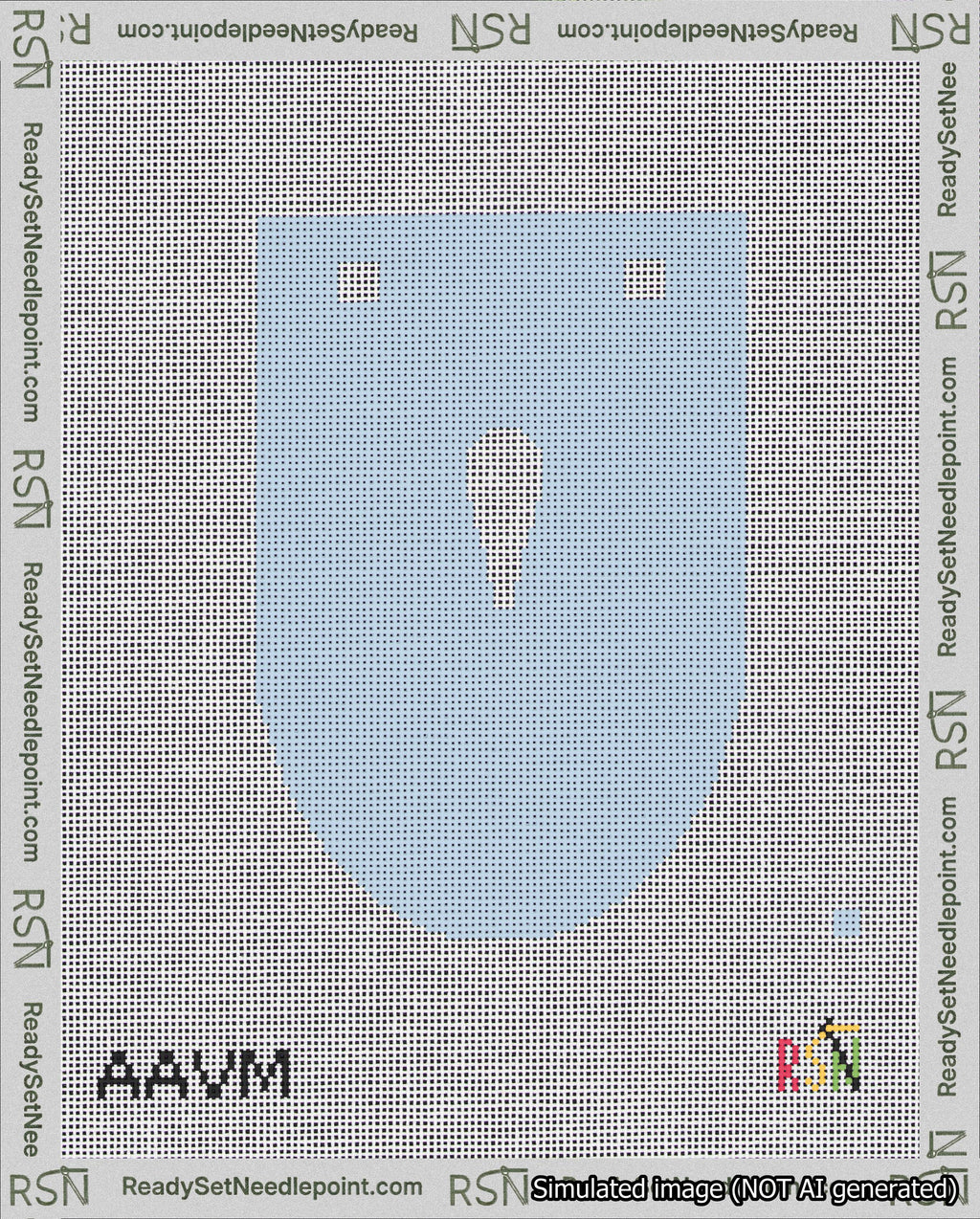 A taped needlepoint canvas with the design: Banner 18 mesh count Rounded Apostrophe White on Light Blue.