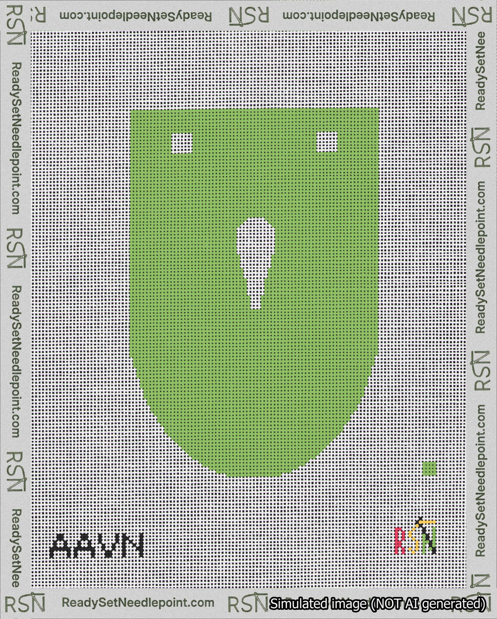 A taped needlepoint canvas with the design: Banner 18 mesh count Rounded Apostrophe White on Light Green.