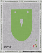 A taped needlepoint canvas with the design: Banner 18 mesh count Rounded Apostrophe White on Light Green.
