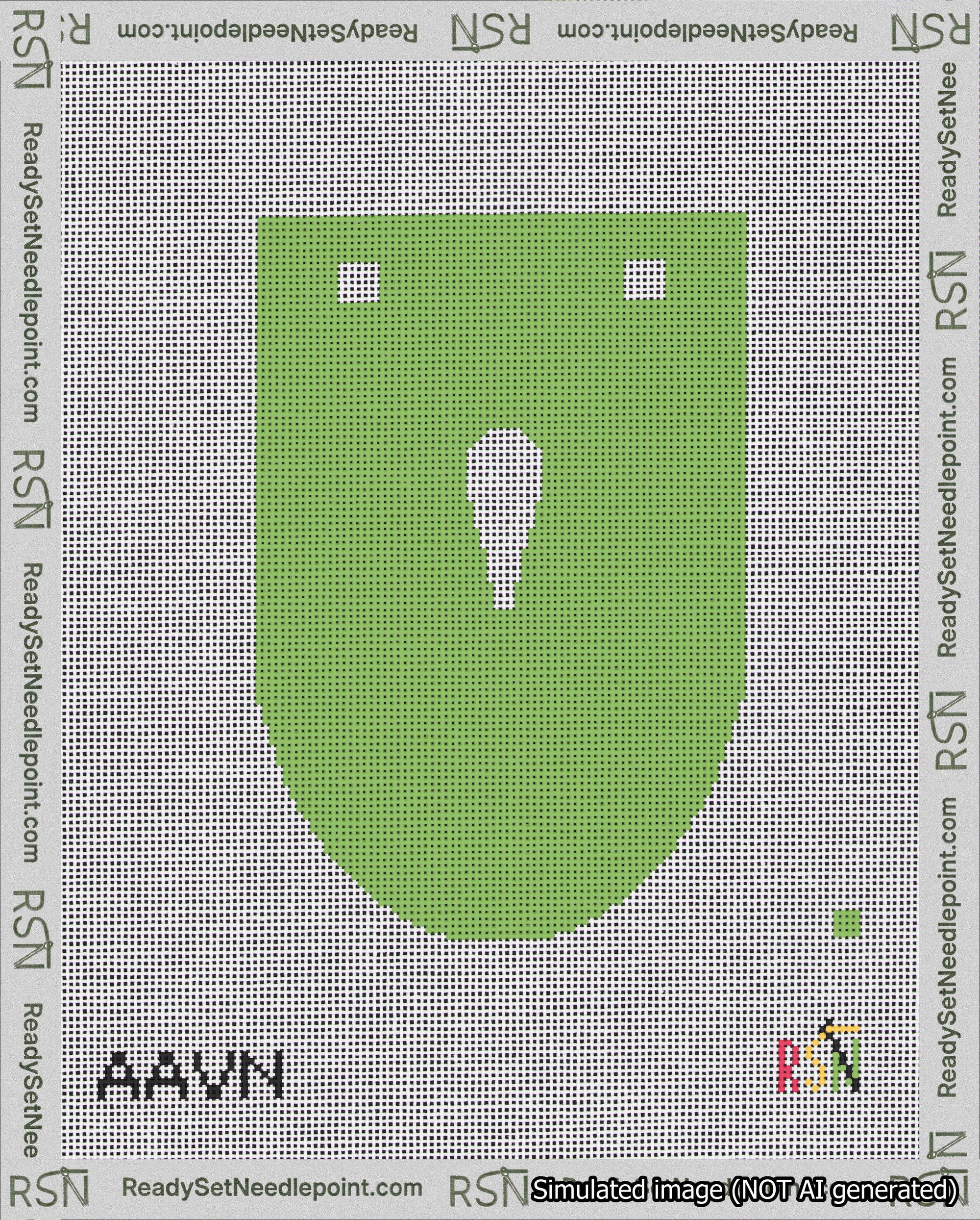 A taped needlepoint canvas with the design: Banner 18 mesh count Rounded Apostrophe White on Light Green.