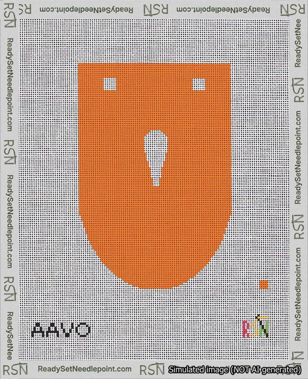 A taped needlepoint canvas with the design: Banner 18 mesh count Rounded Apostrophe White on Orange.