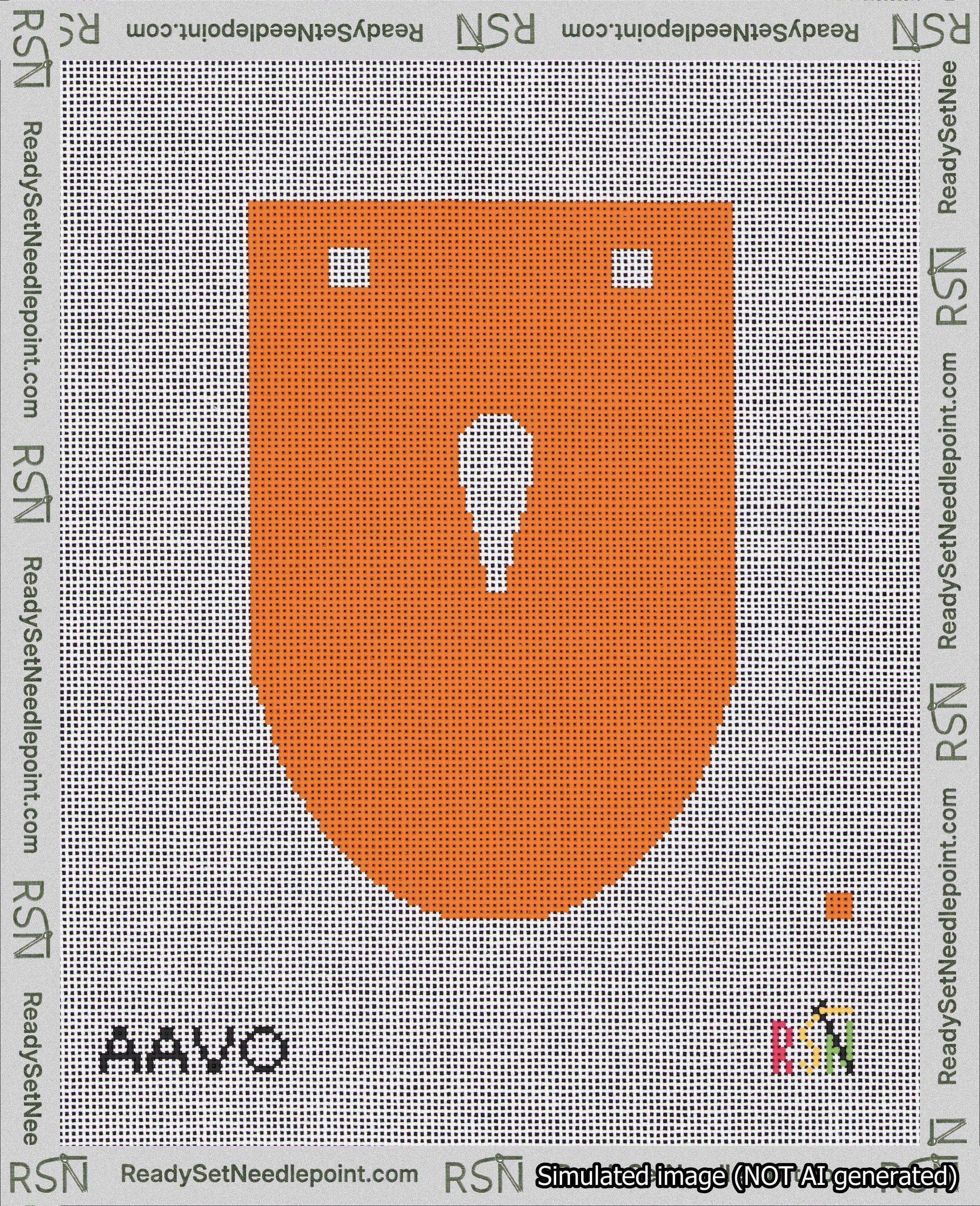 A taped needlepoint canvas with the design: Banner 18 mesh count Rounded Apostrophe White on Orange.