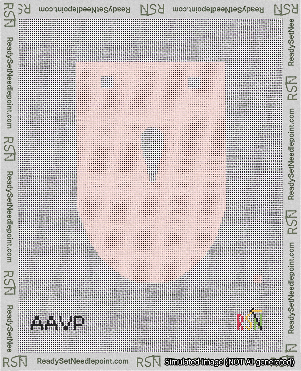 A taped needlepoint canvas with the design: Banner 18 mesh count Rounded Apostrophe White on Pink.