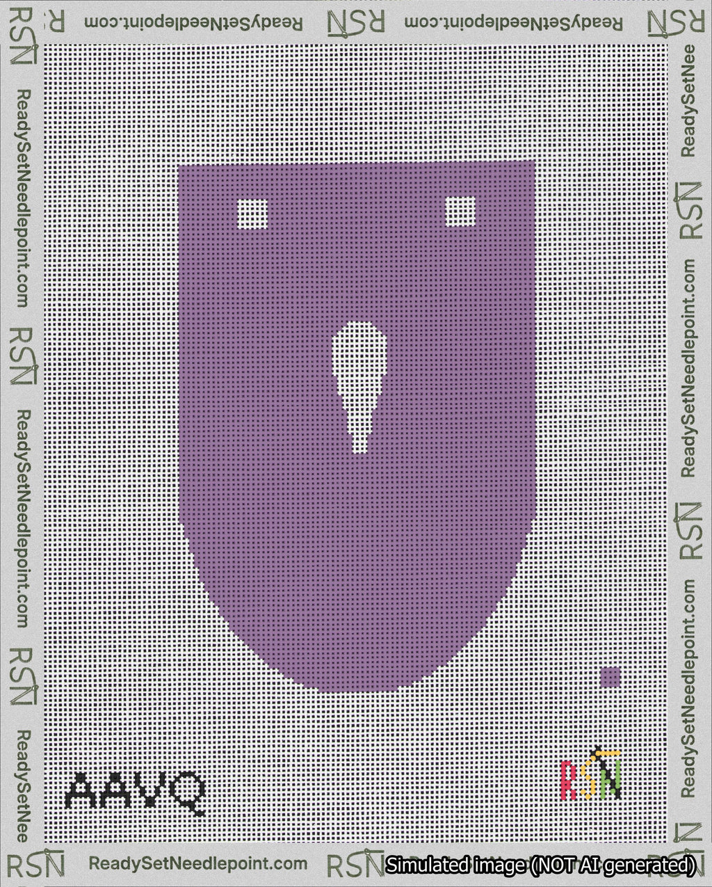 A taped needlepoint canvas with the design: Banner 18 mesh count Rounded Apostrophe White on Purple.