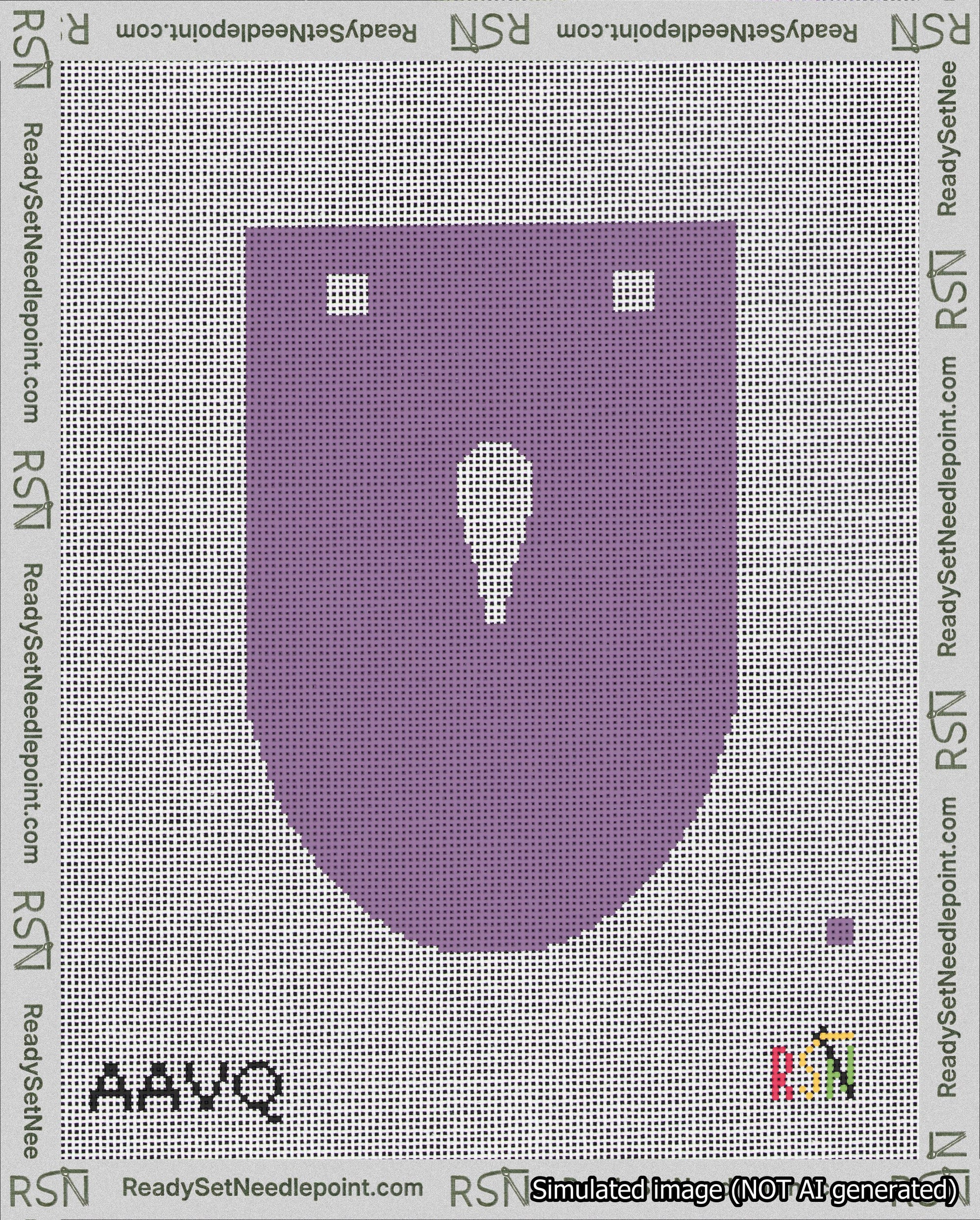A taped needlepoint canvas with the design: Banner 18 mesh count Rounded Apostrophe White on Purple.