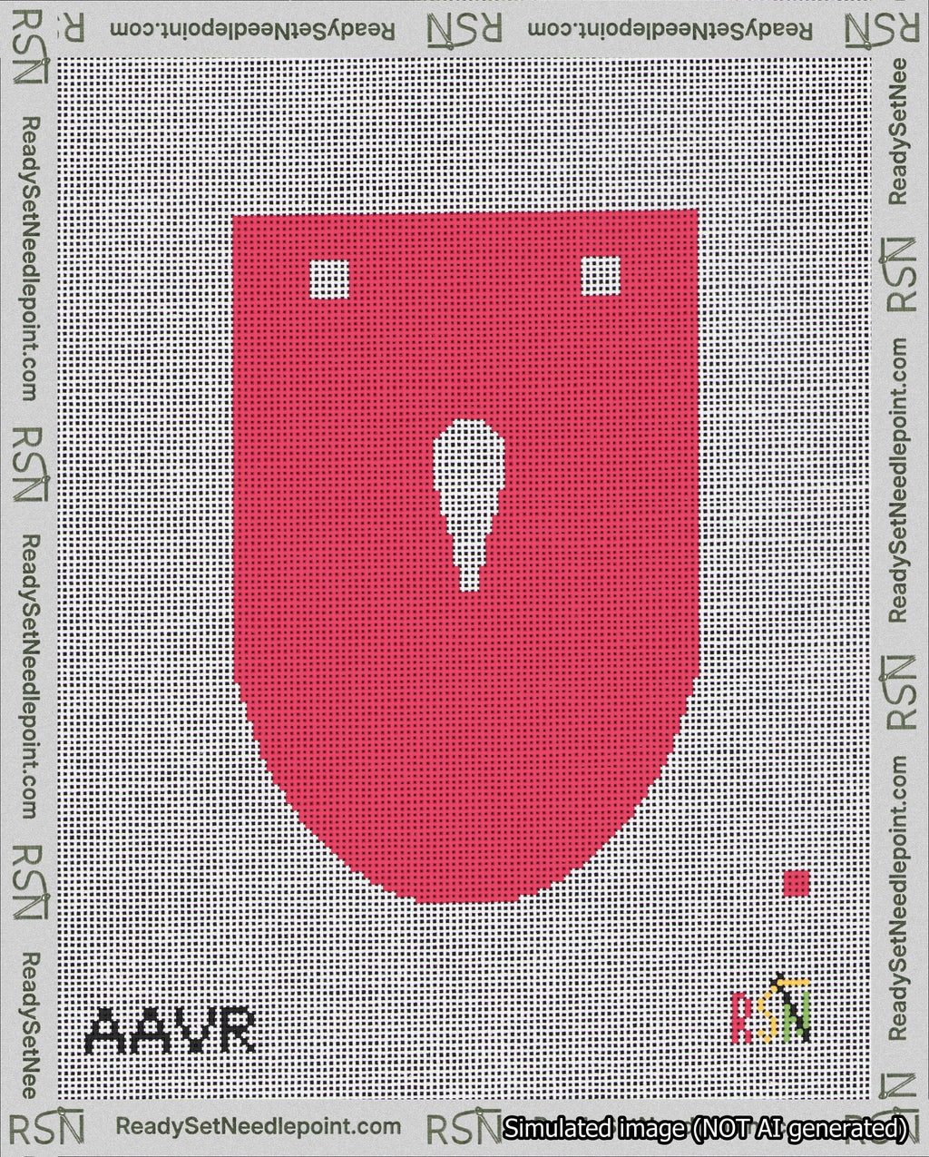 A taped needlepoint canvas with the design: Banner 18 mesh count Rounded Apostrophe White on Red.