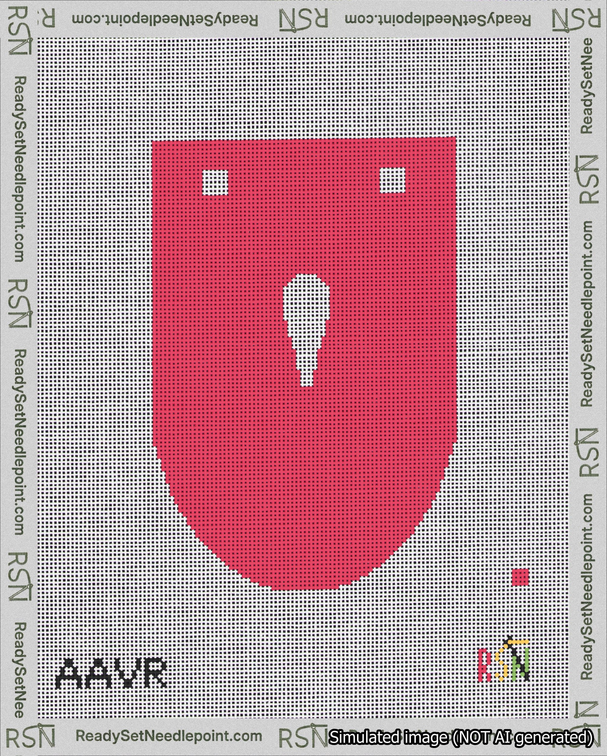A taped needlepoint canvas with the design: Banner 18 mesh count Rounded Apostrophe White on Red.