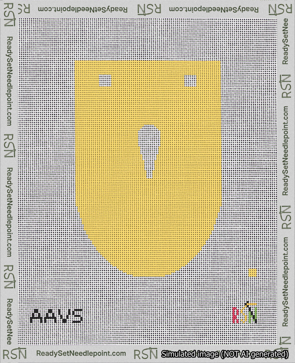 A taped needlepoint canvas with the design: Banner 18 mesh count Rounded Apostrophe White on Yellow.