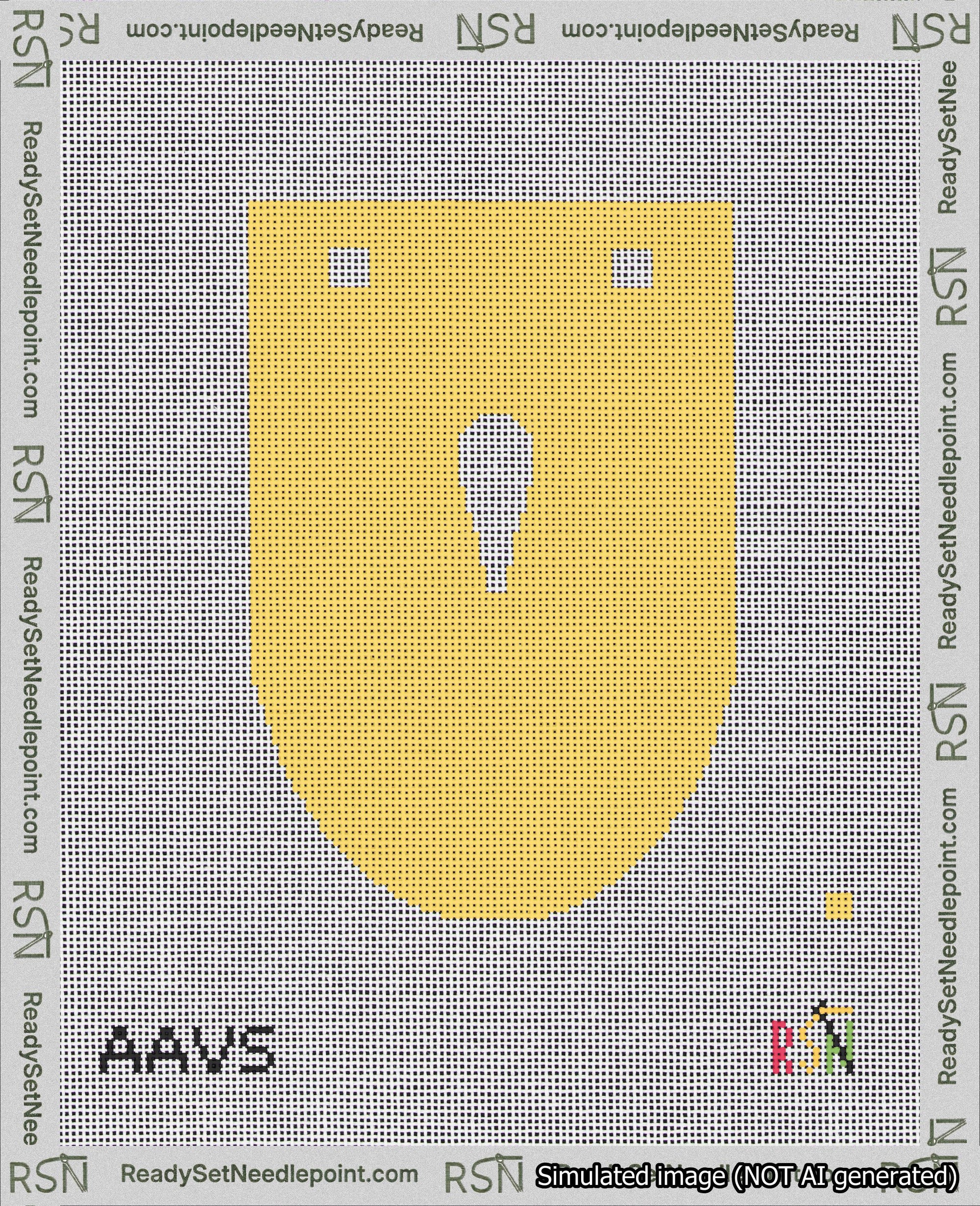 A taped needlepoint canvas with the design: Banner 18 mesh count Rounded Apostrophe White on Yellow.