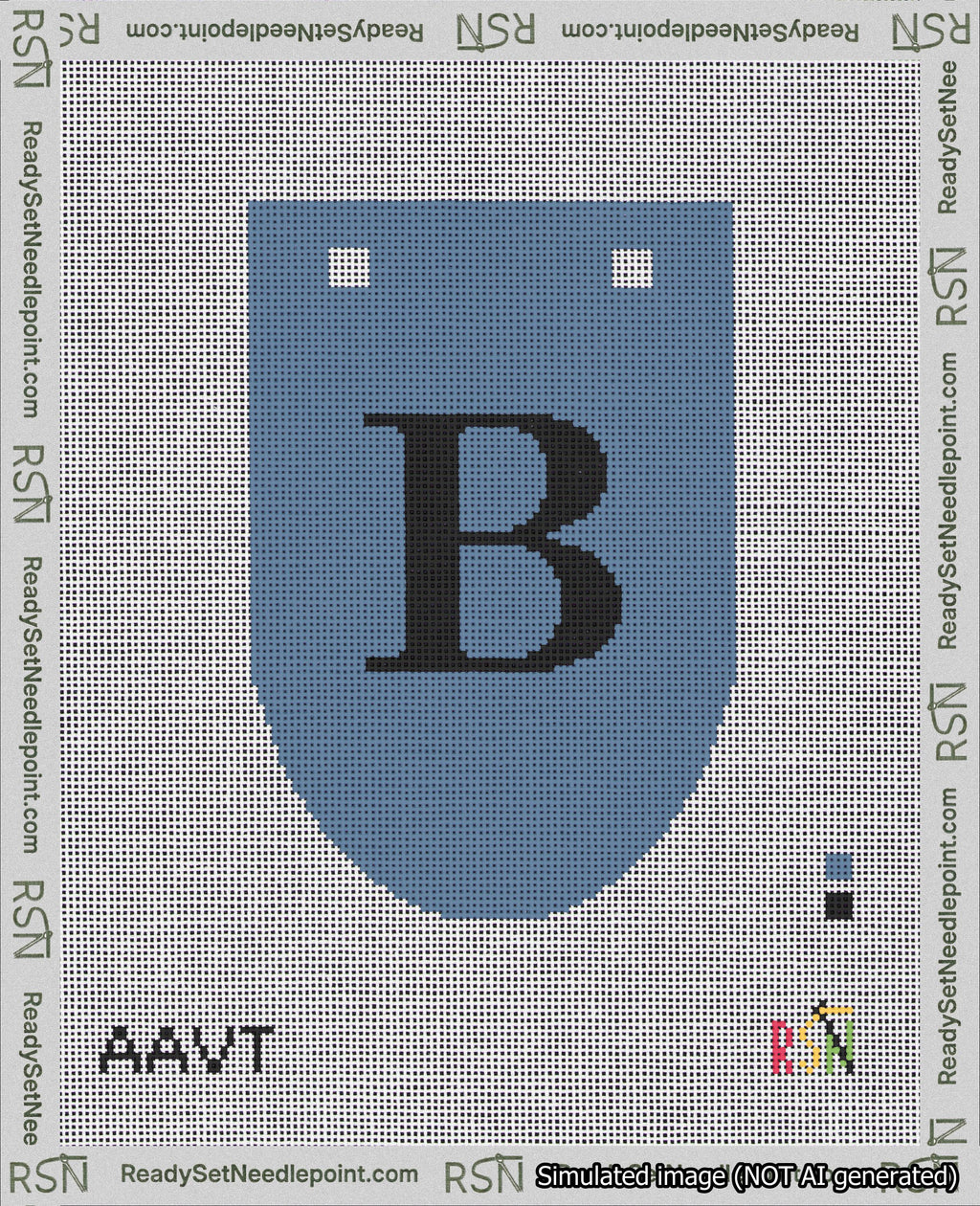 A taped needlepoint canvas with the design: Banner 18 mesh count Rounded B Black on Blue.