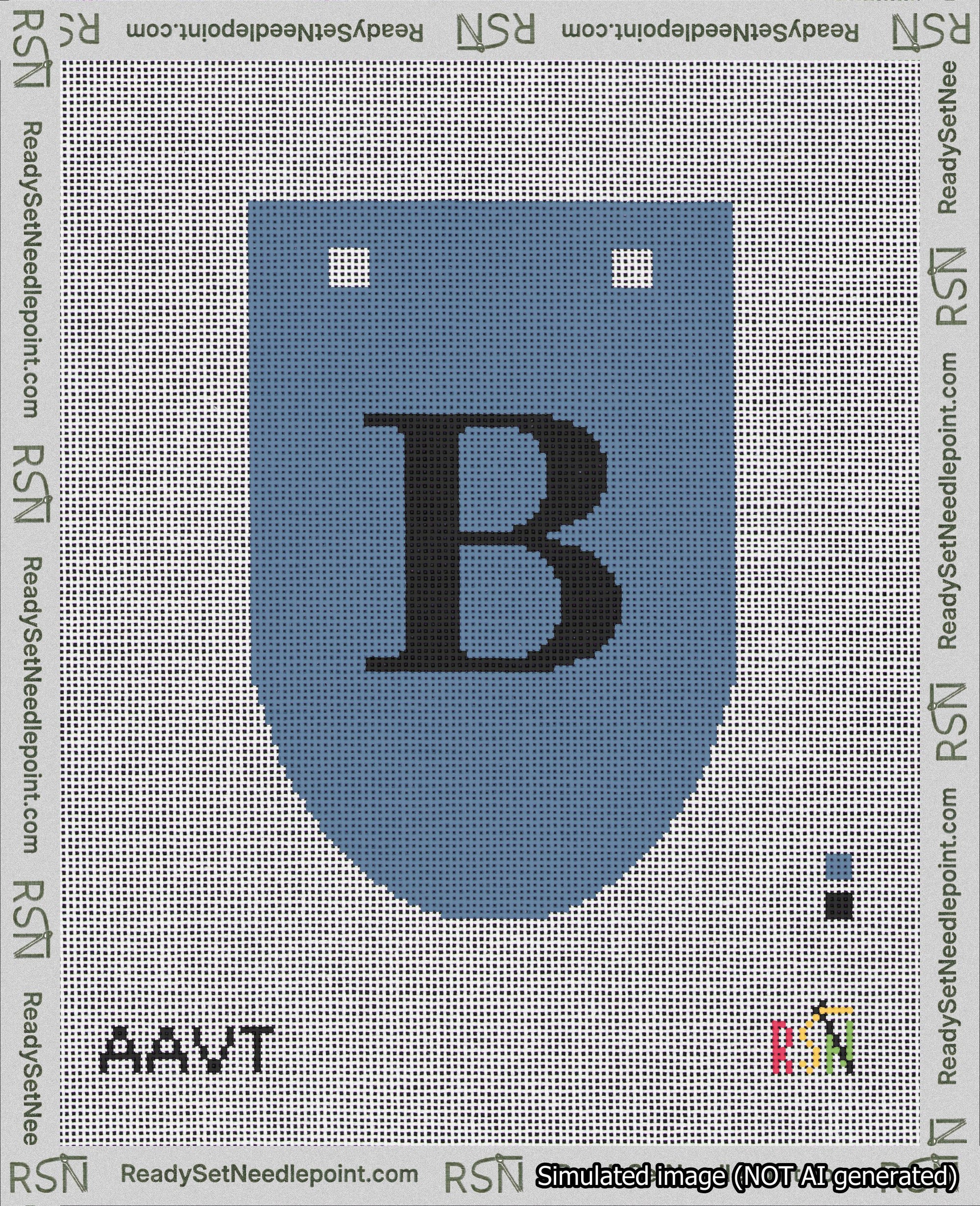 A taped needlepoint canvas with the design: Banner 18 mesh count Rounded B Black on Blue.