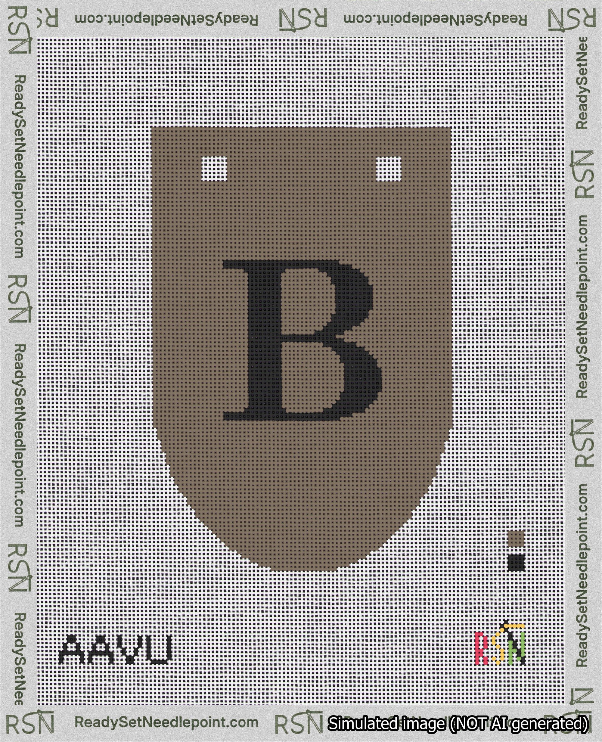A taped needlepoint canvas with the design: Banner 18 mesh count Rounded B Black on Brown.