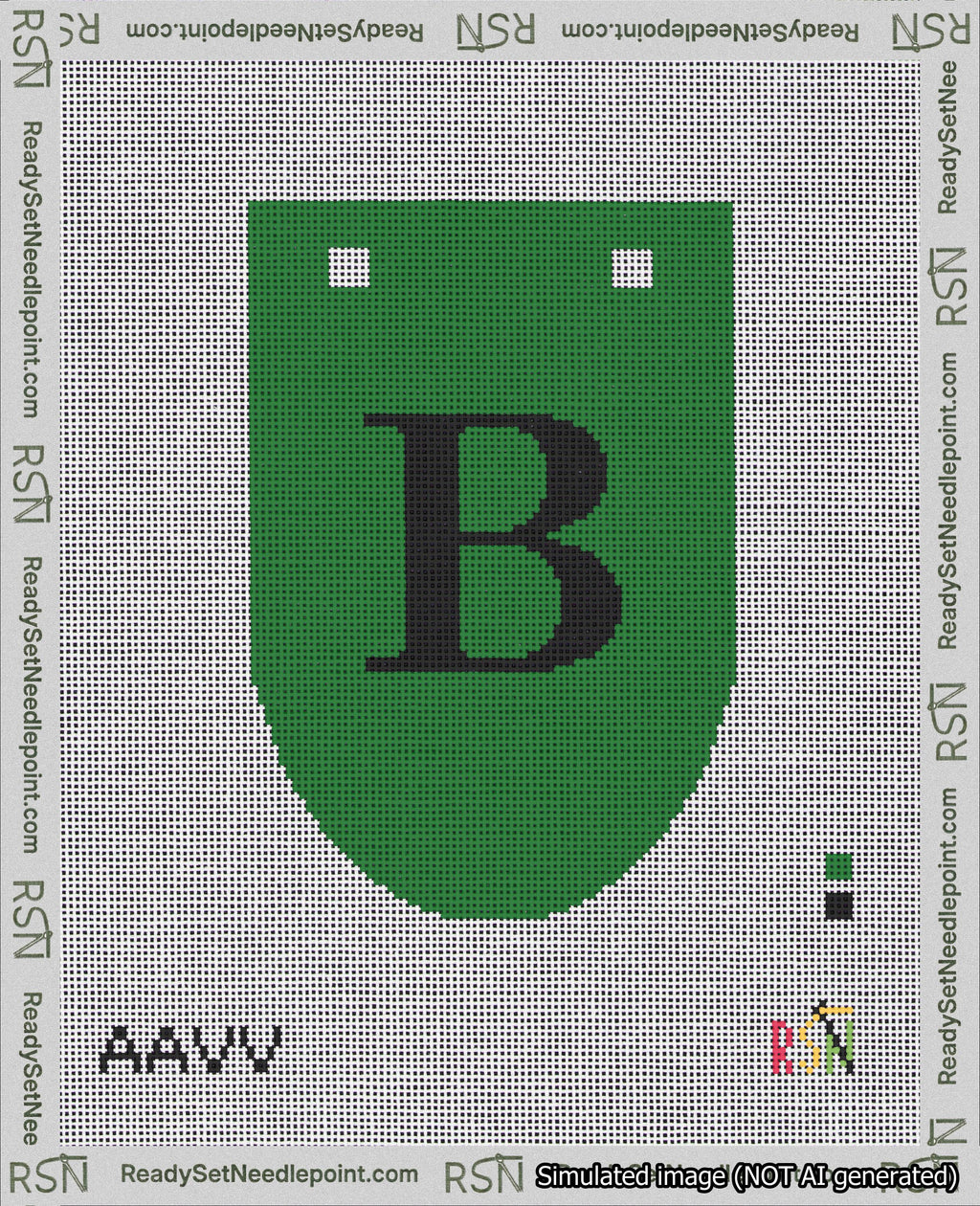 A taped needlepoint canvas with the design: Banner 18 mesh count Rounded B Black on Green.