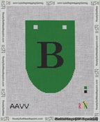 A taped needlepoint canvas with the design: Banner 18 mesh count Rounded B Black on Green.