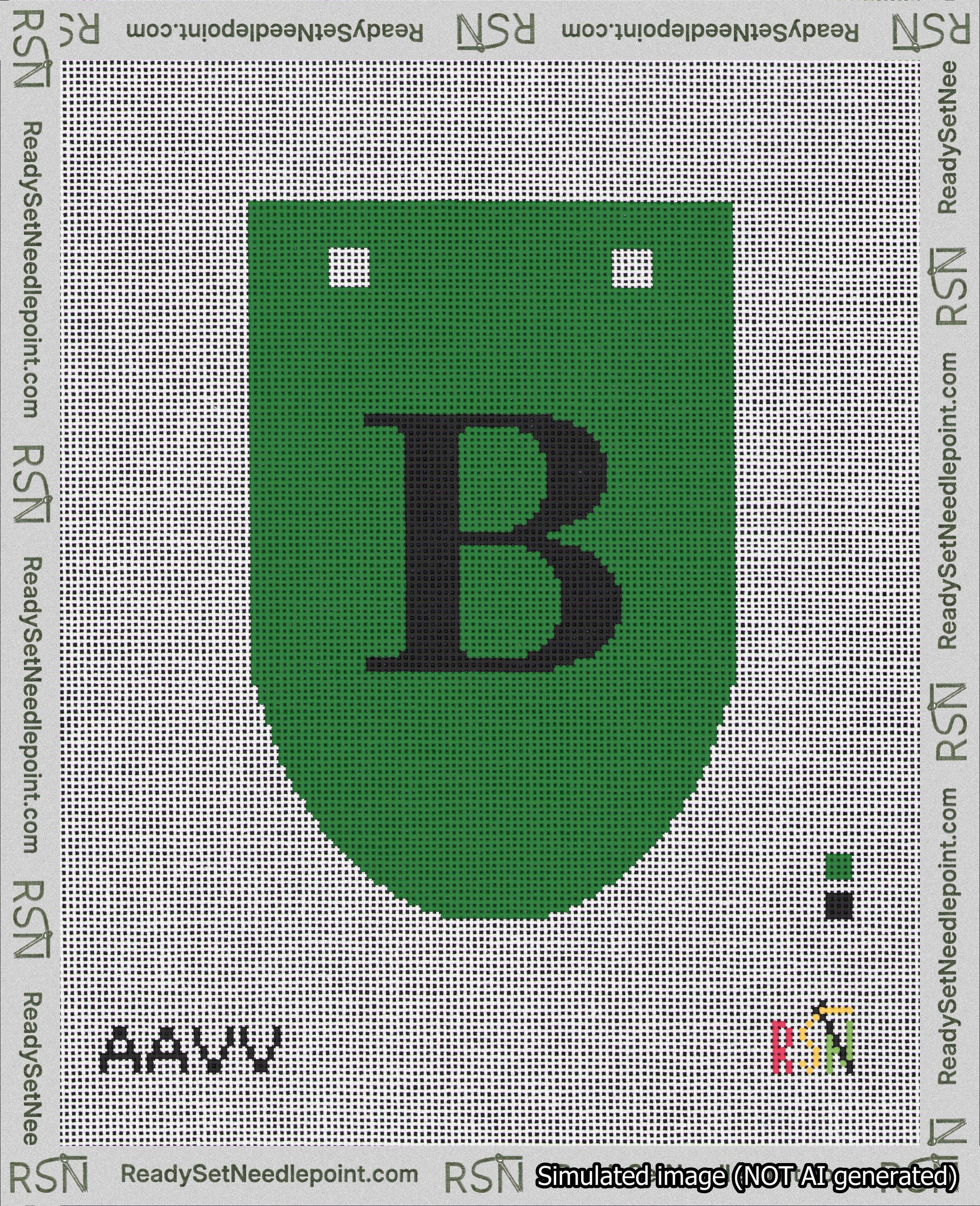 A taped needlepoint canvas with the design: Banner 18 mesh count Rounded B Black on Green.