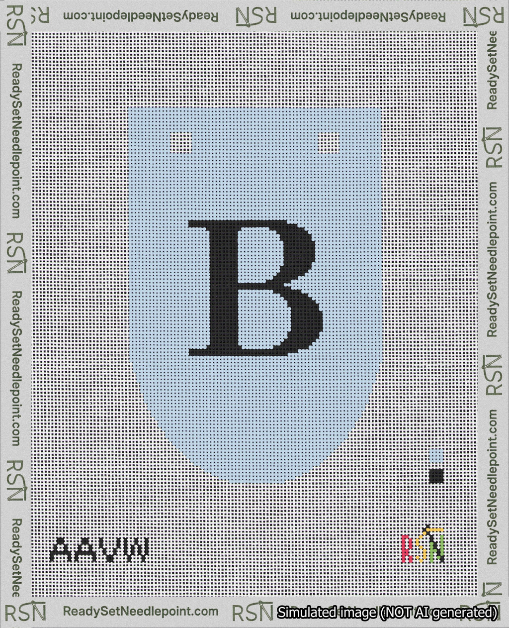 A taped needlepoint canvas with the design: Banner 18 mesh count Rounded B Black on Light Blue.