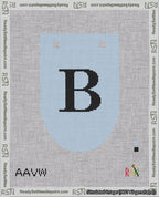 A taped needlepoint canvas with the design: Banner 18 mesh count Rounded B Black on Light Blue.