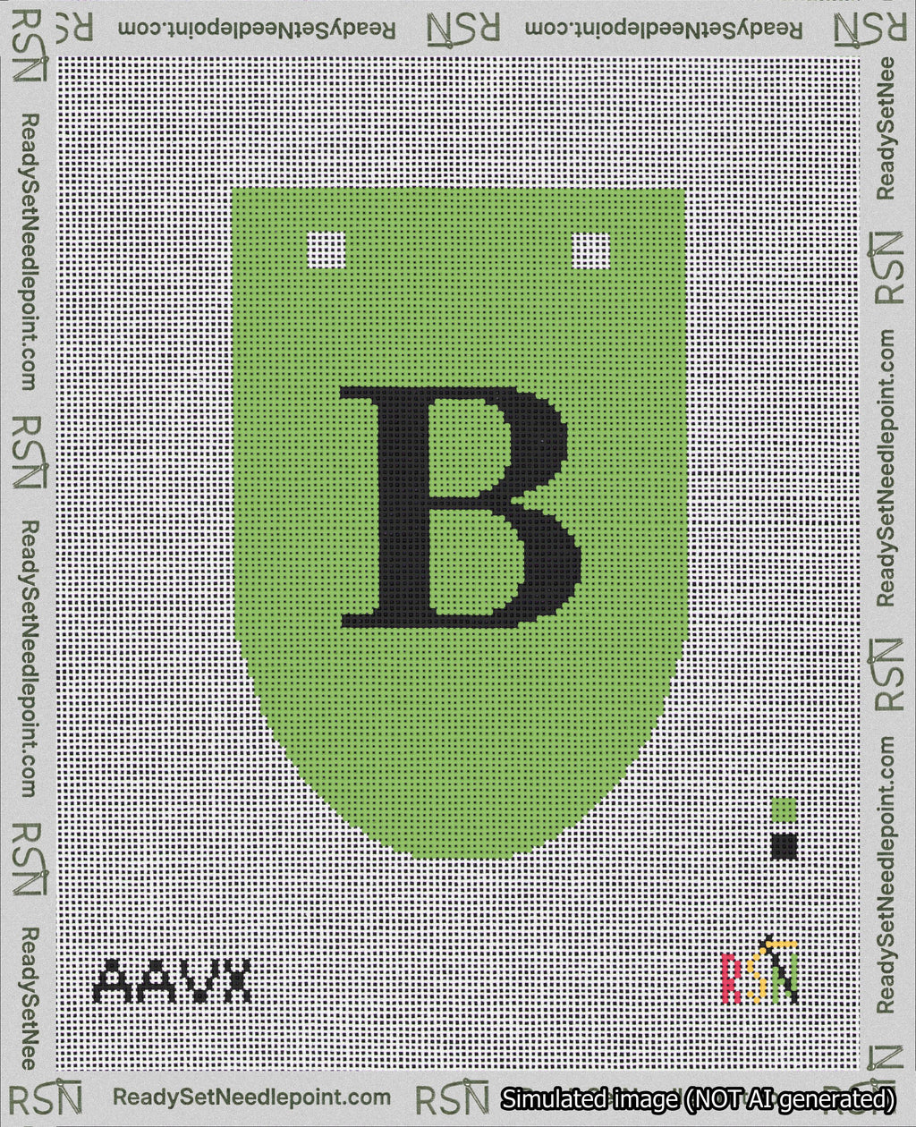 A taped needlepoint canvas with the design: Banner 18 mesh count Rounded B Black on Light Green.