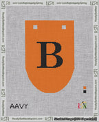 A taped needlepoint canvas with the design: Banner 18 mesh count Rounded B Black on Orange.