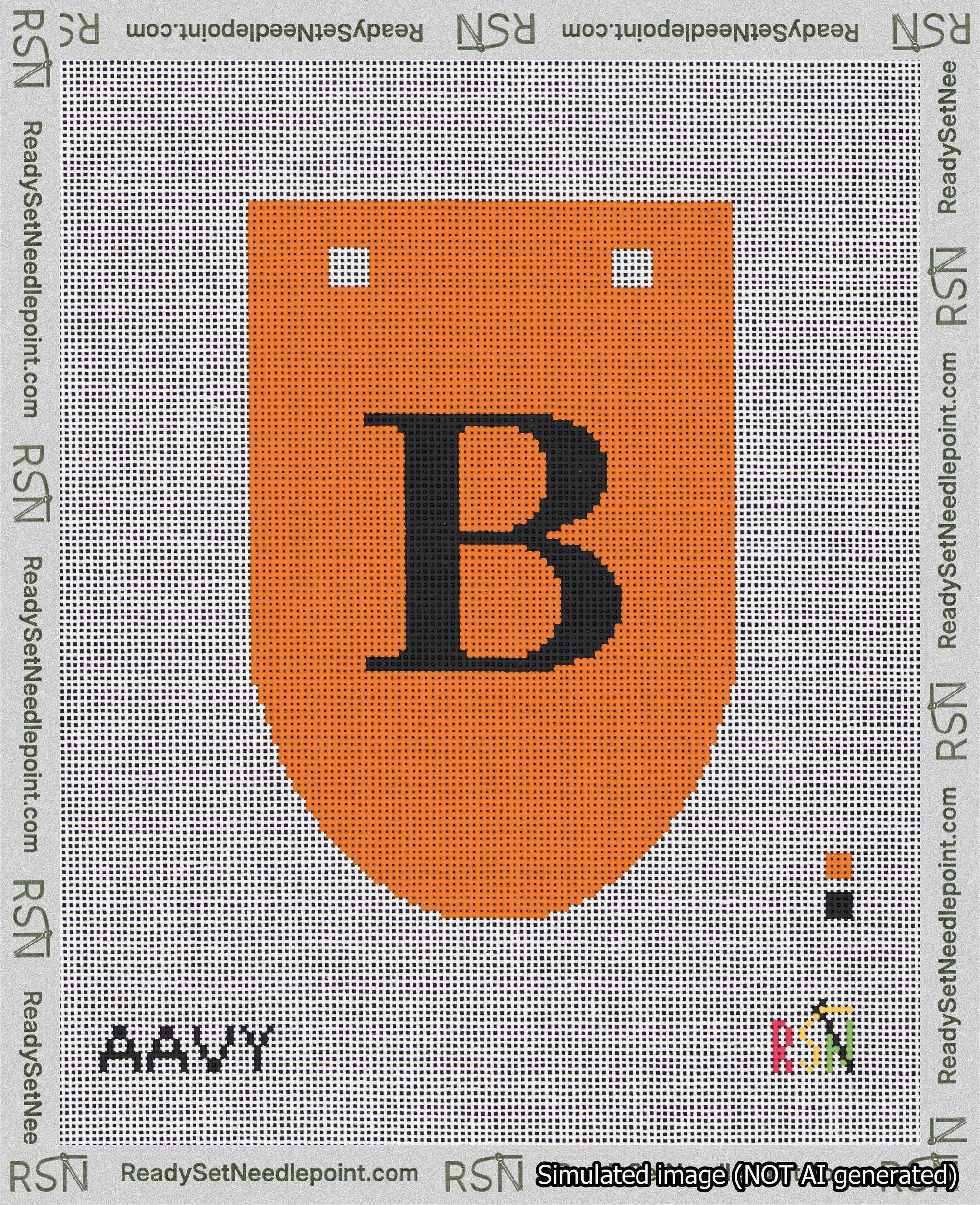 A taped needlepoint canvas with the design: Banner 18 mesh count Rounded B Black on Orange.