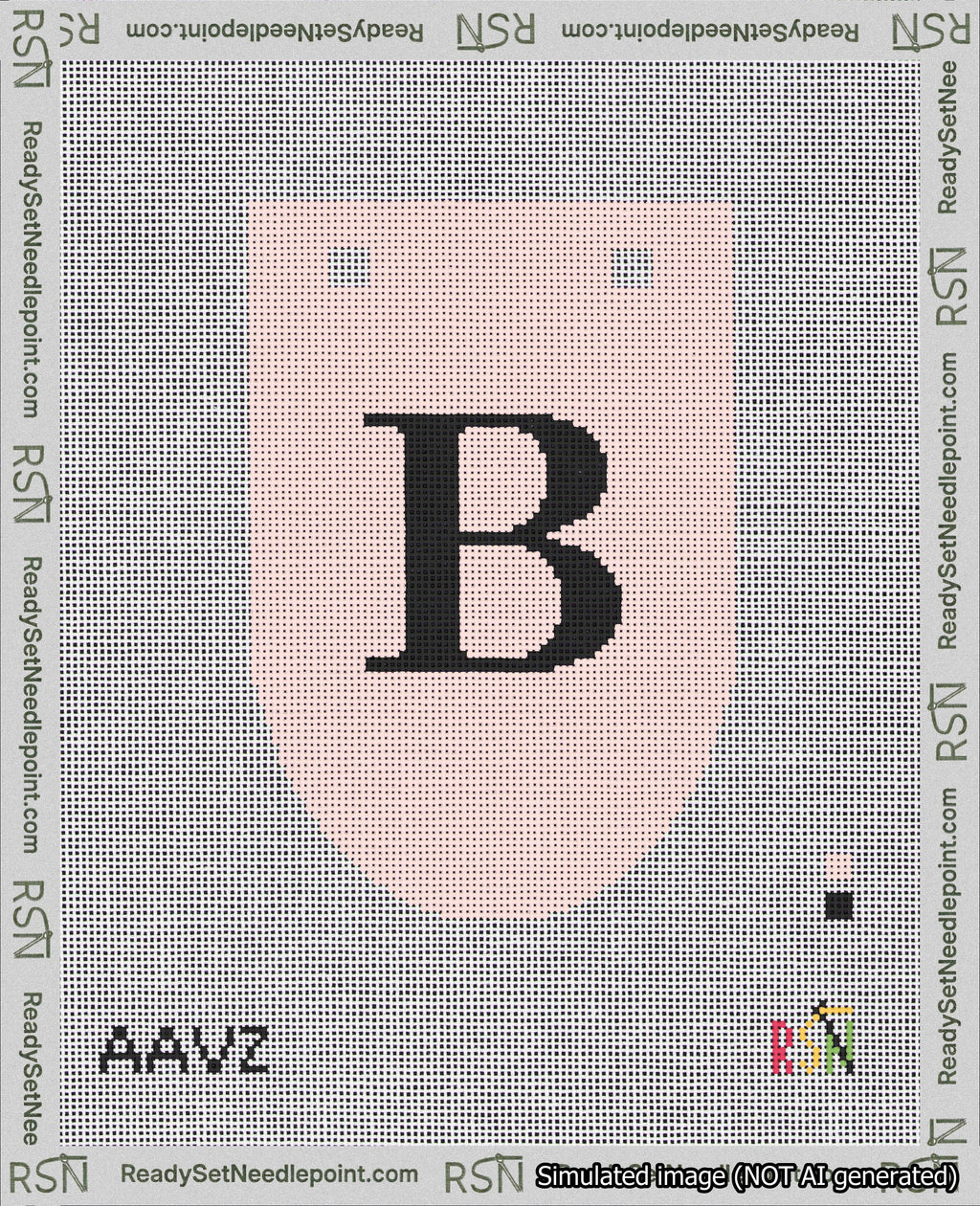 A taped needlepoint canvas with the design: Banner 18 mesh count Rounded B Black on Pink.