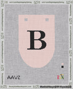 A taped needlepoint canvas with the design: Banner 18 mesh count Rounded B Black on Pink.