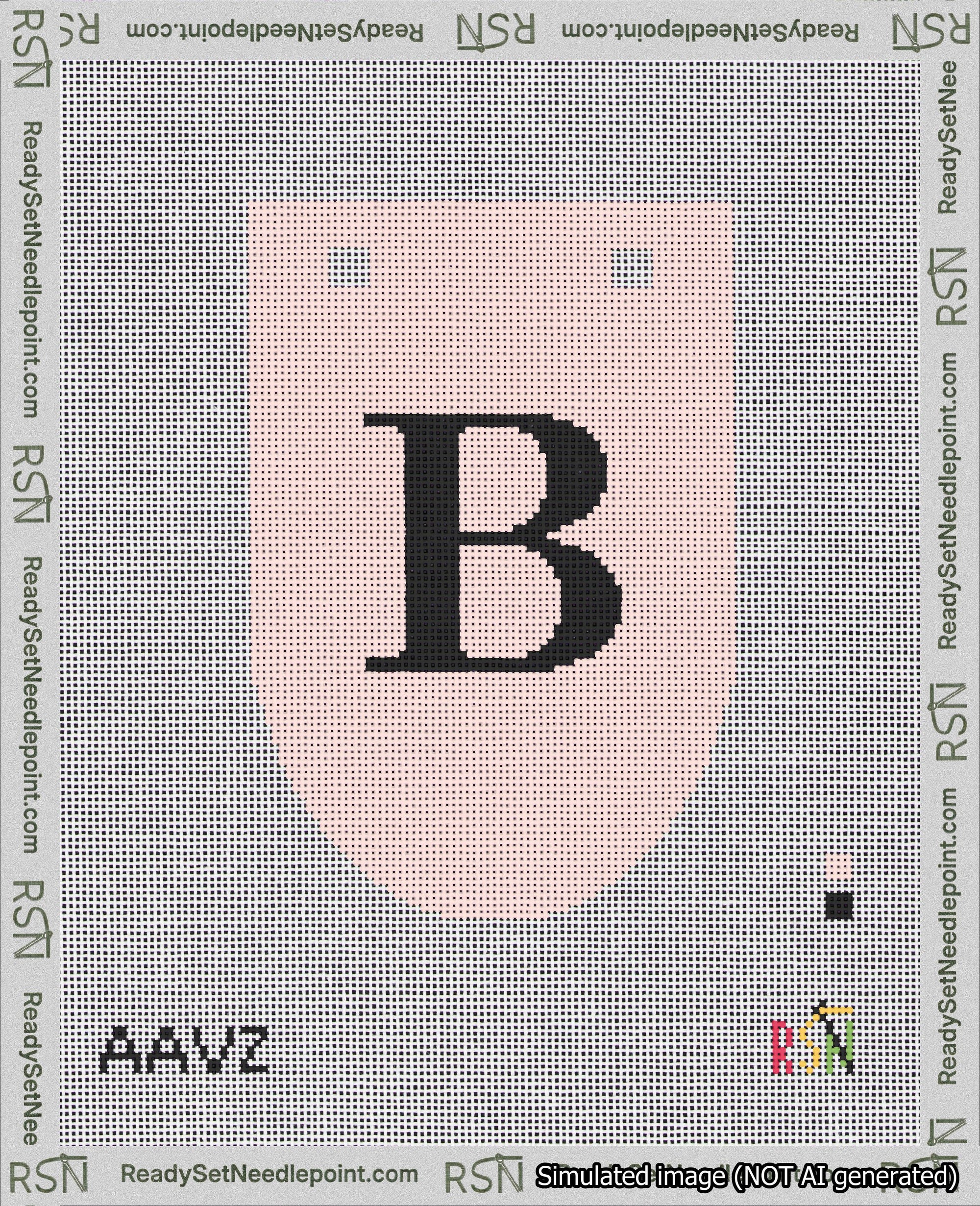 A taped needlepoint canvas with the design: Banner 18 mesh count Rounded B Black on Pink.
