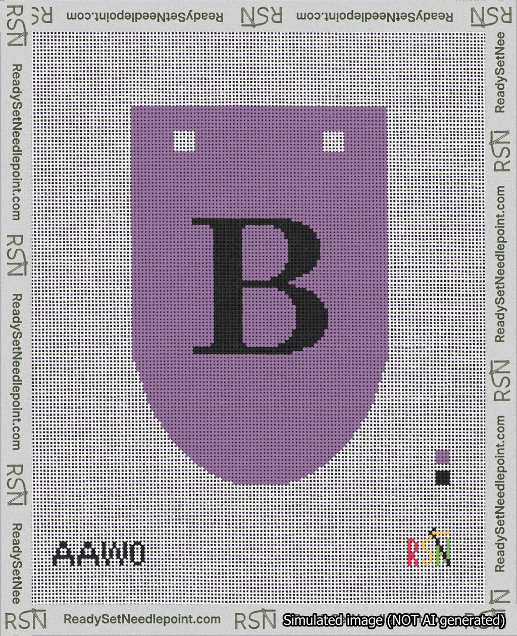 A taped needlepoint canvas with the design: Banner 18 mesh count Rounded B Black on Purple.