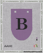 A taped needlepoint canvas with the design: Banner 18 mesh count Rounded B Black on Purple.