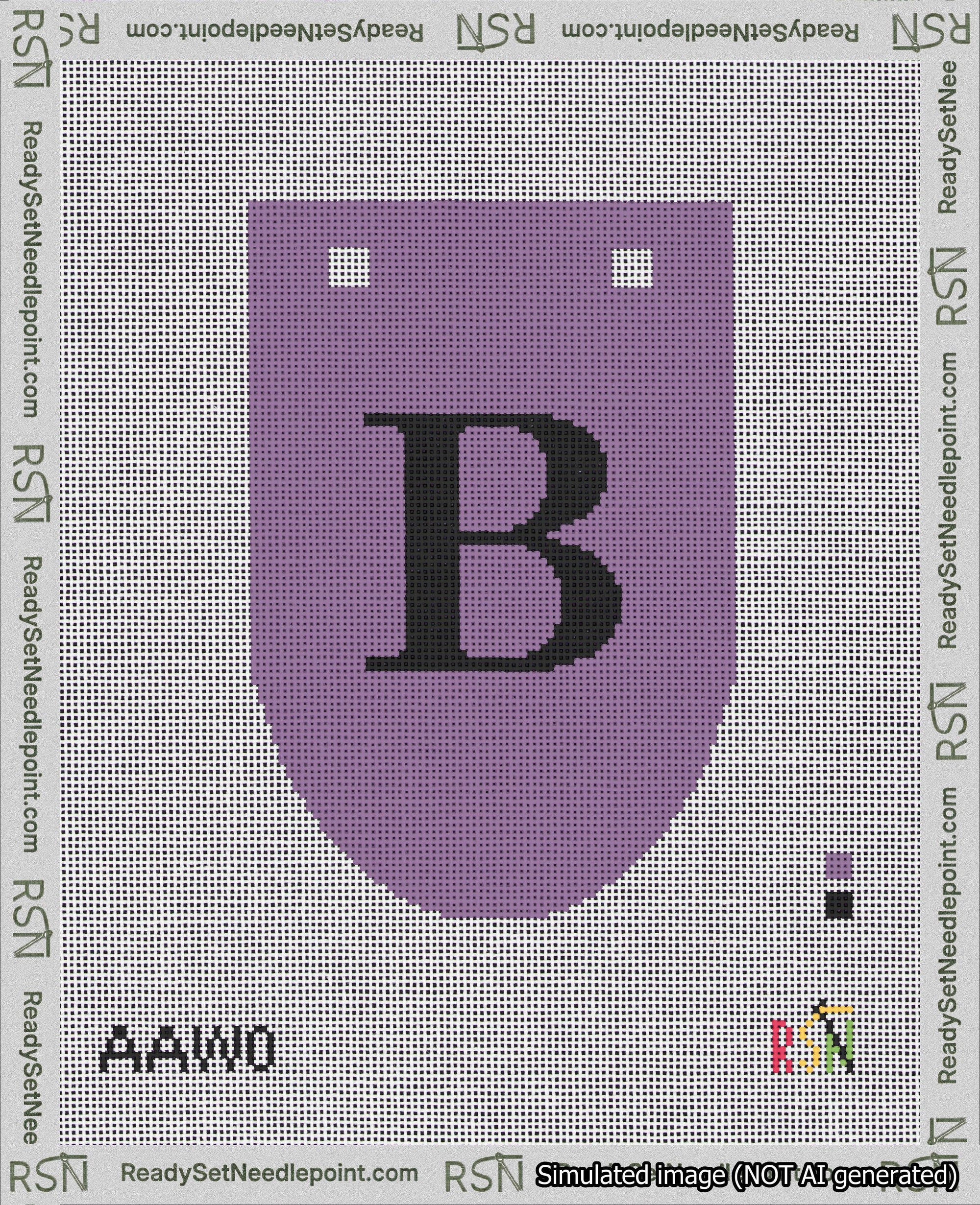 A taped needlepoint canvas with the design: Banner 18 mesh count Rounded B Black on Purple.