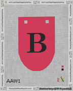 A taped needlepoint canvas with the design: Banner 18 mesh count Rounded B Black on Red.