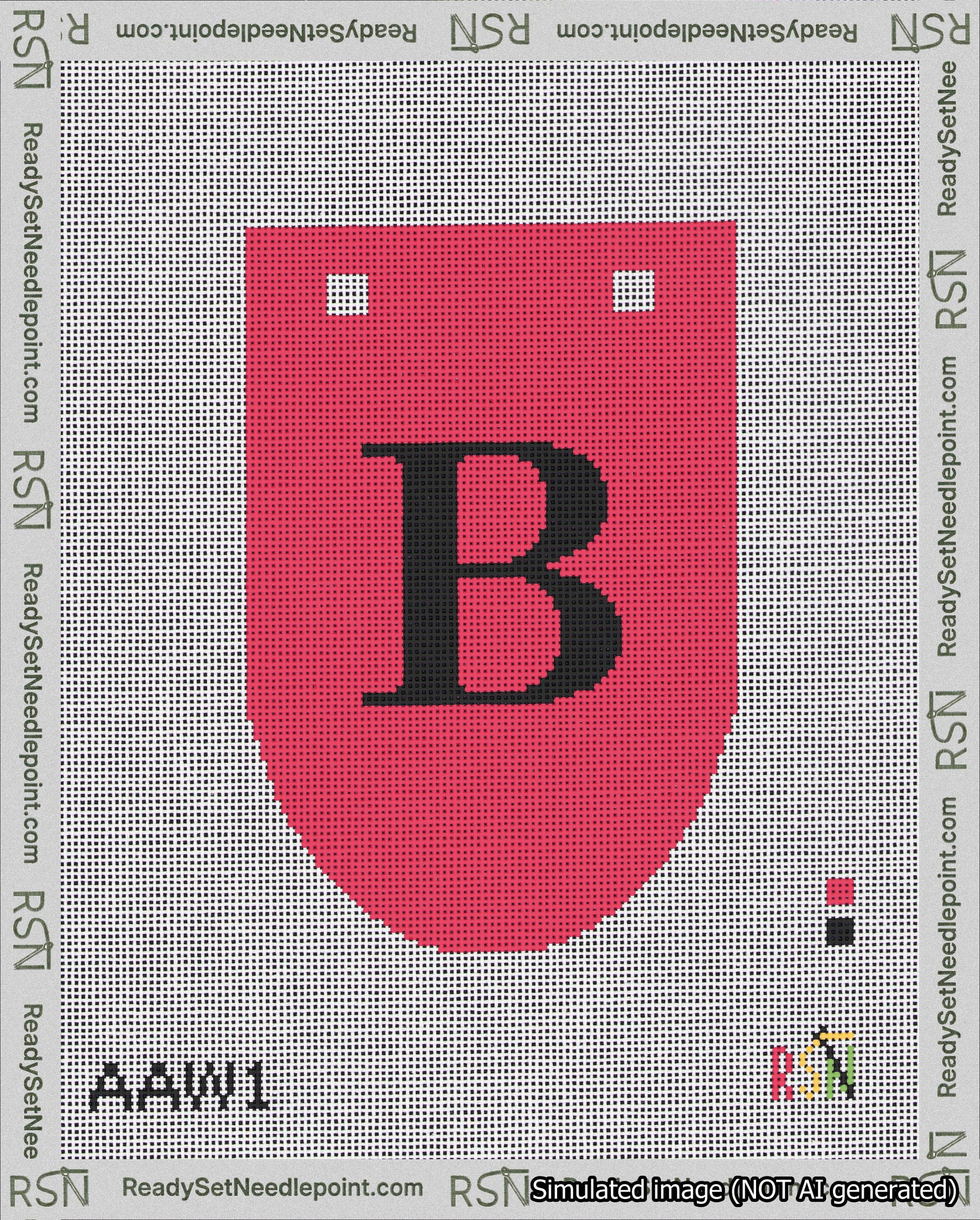 A taped needlepoint canvas with the design: Banner 18 mesh count Rounded B Black on Red.
