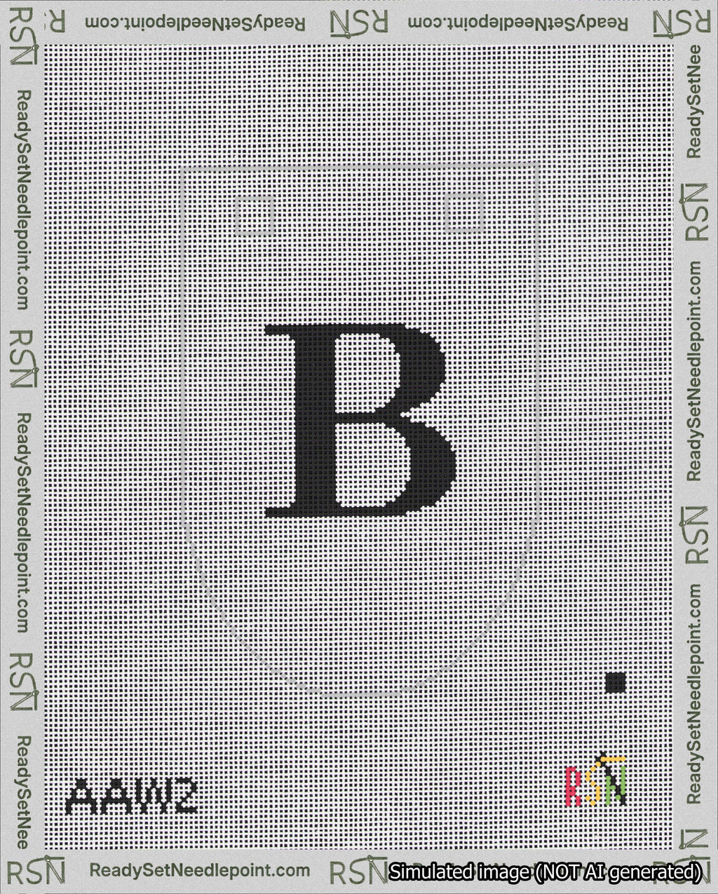 A taped needlepoint canvas with the design: Banner 18 mesh count Rounded B Black on White.