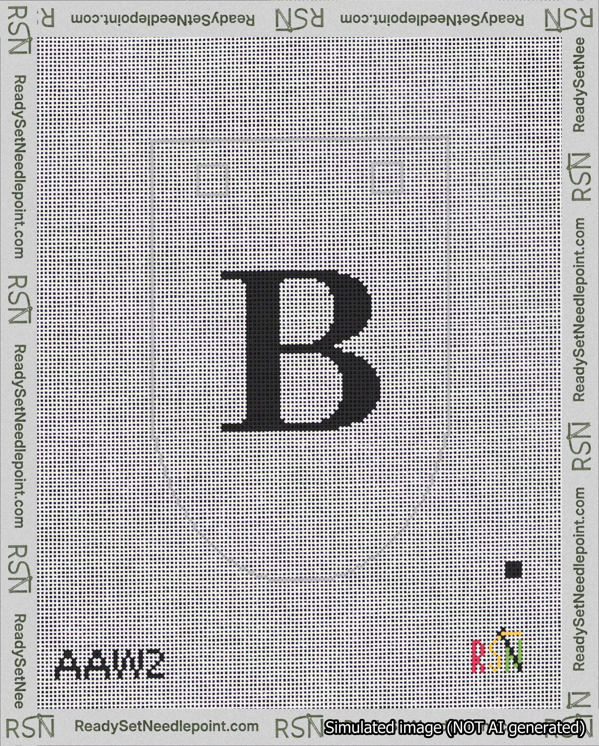 A taped needlepoint canvas with the design: Banner 18 mesh count Rounded B Black on White.