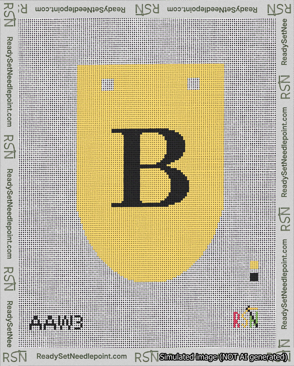 A taped needlepoint canvas with the design: Banner 18 mesh count Rounded B Black on Yellow.