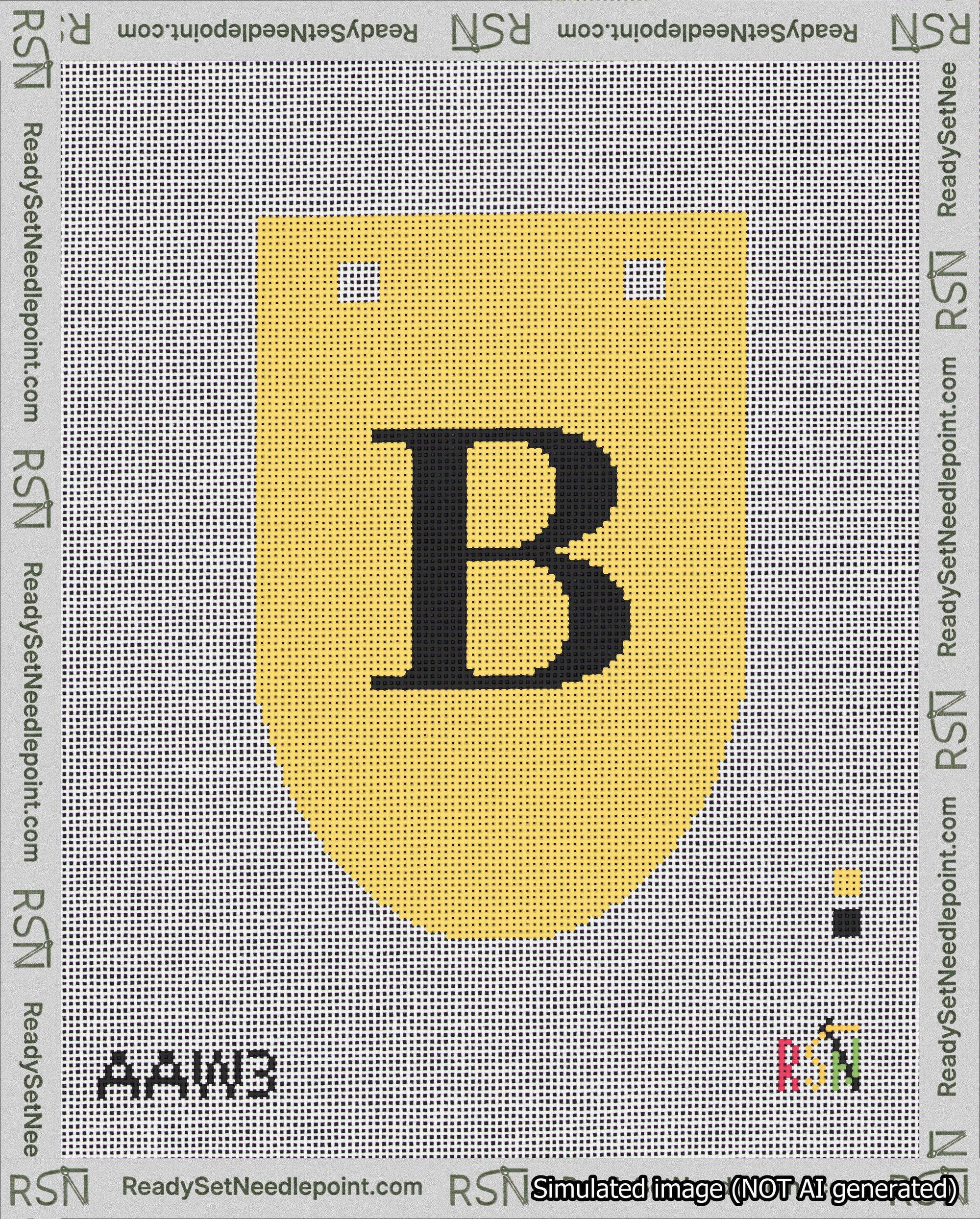 A taped needlepoint canvas with the design: Banner 18 mesh count Rounded B Black on Yellow.