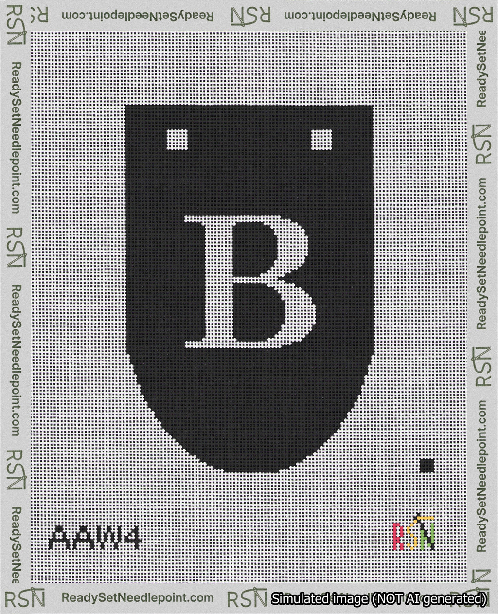 A taped needlepoint canvas with the design: Banner 18 mesh count Rounded B White on Black.