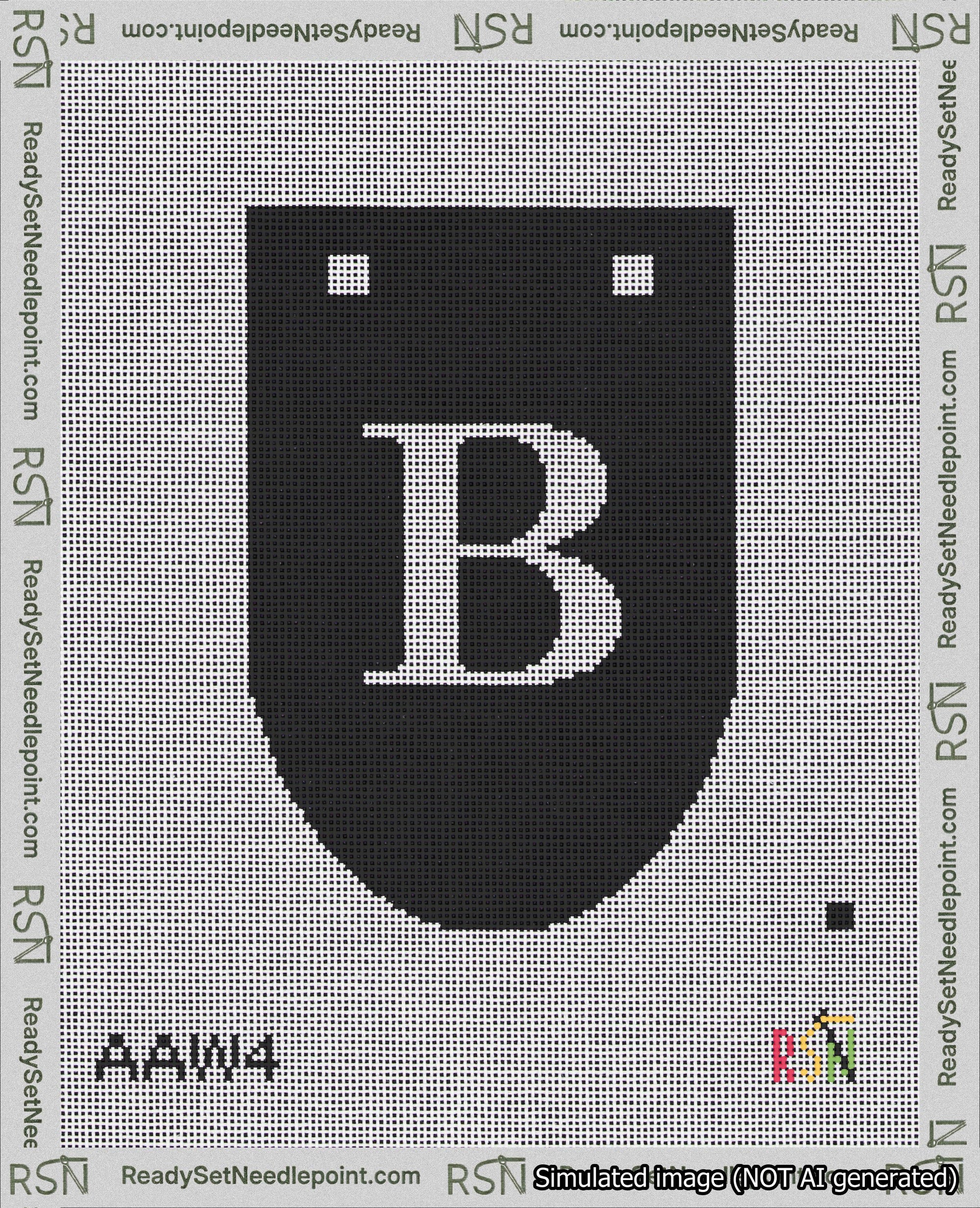 A taped needlepoint canvas with the design: Banner 18 mesh count Rounded B White on Black.