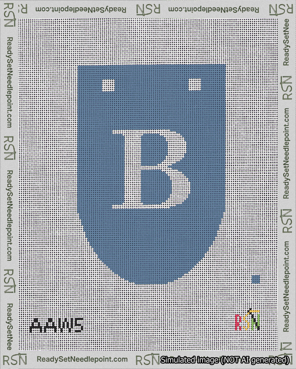A taped needlepoint canvas with the design: Banner 18 mesh count Rounded B White on Blue.