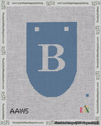 A taped needlepoint canvas with the design: Banner 18 mesh count Rounded B White on Blue.