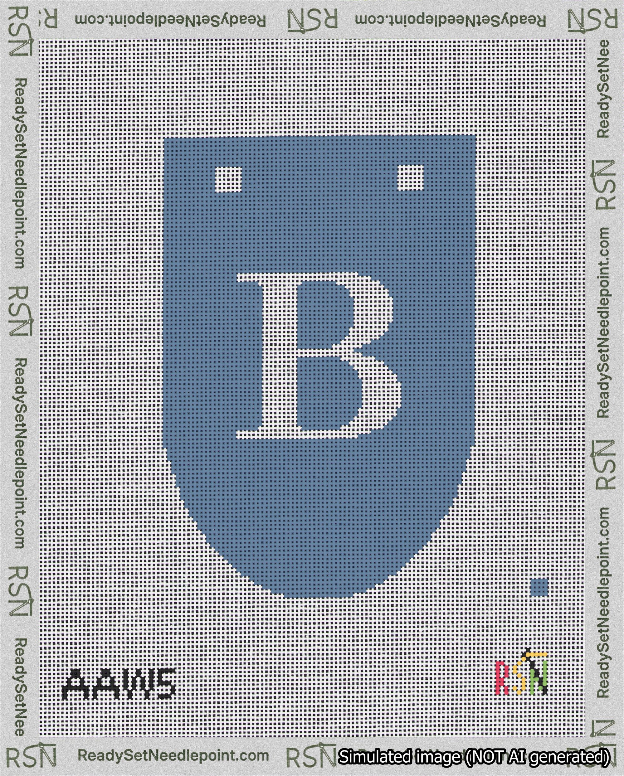 A taped needlepoint canvas with the design: Banner 18 mesh count Rounded B White on Blue.