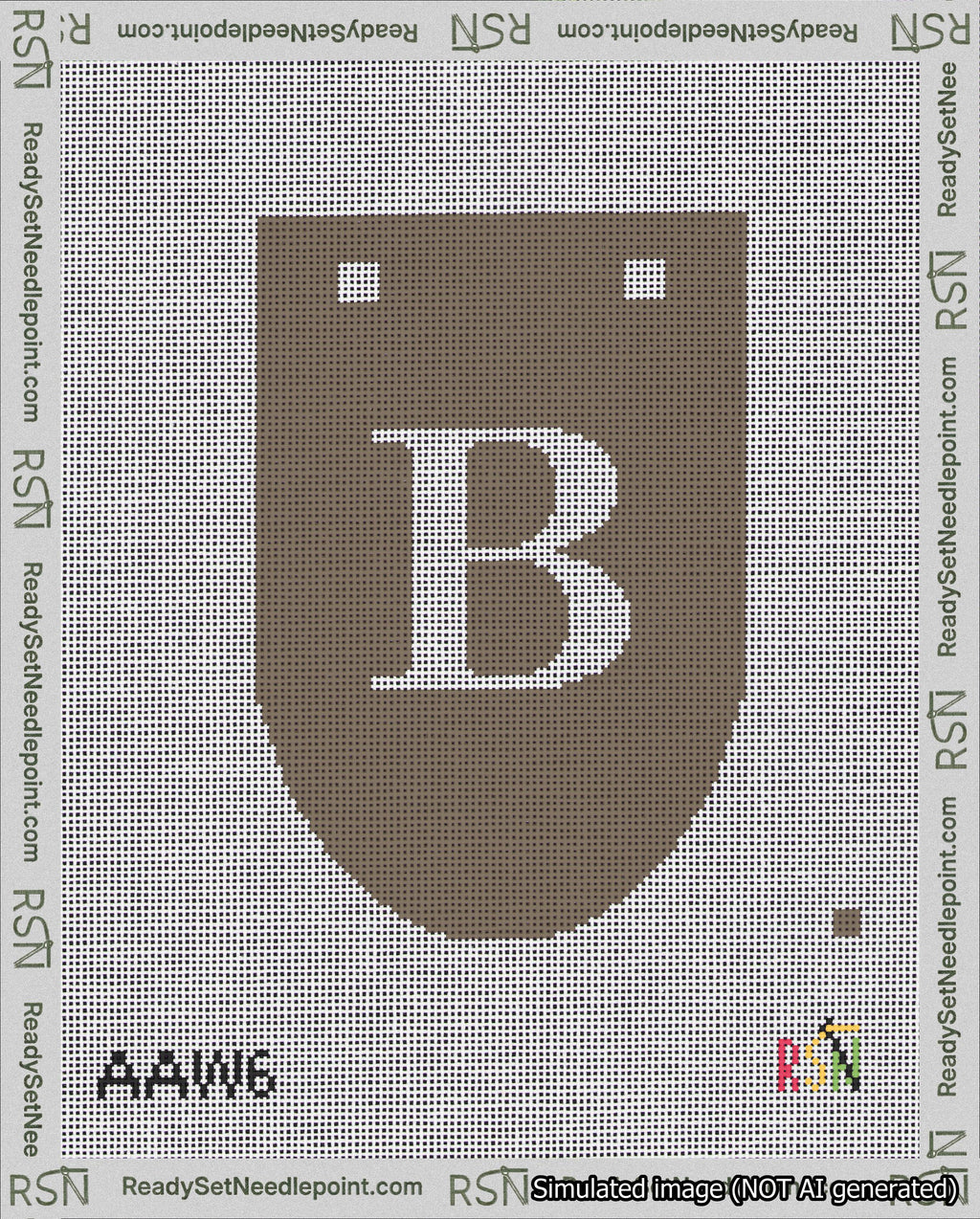 A taped needlepoint canvas with the design: Banner 18 mesh count Rounded B White on Brown.