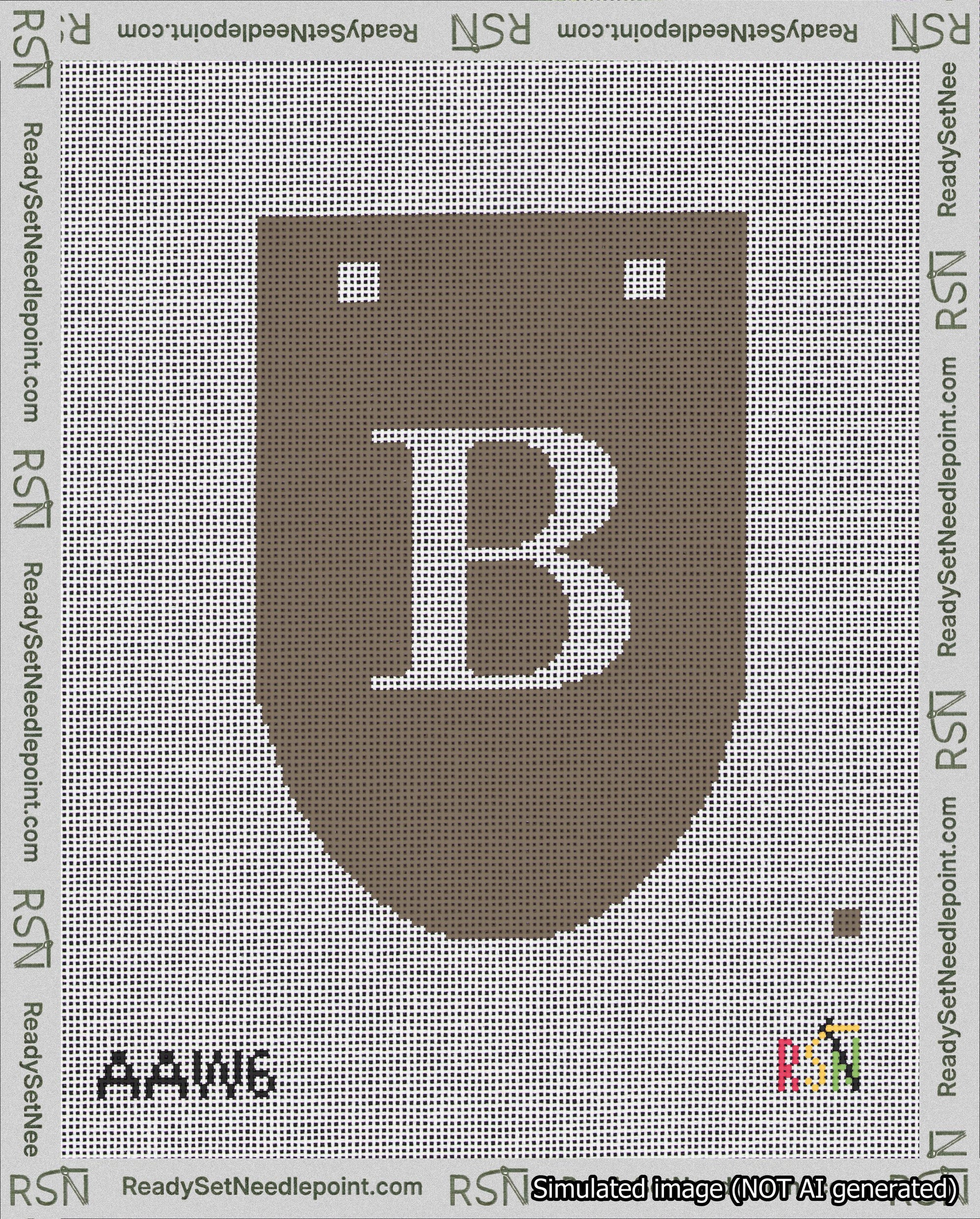 A taped needlepoint canvas with the design: Banner 18 mesh count Rounded B White on Brown.
