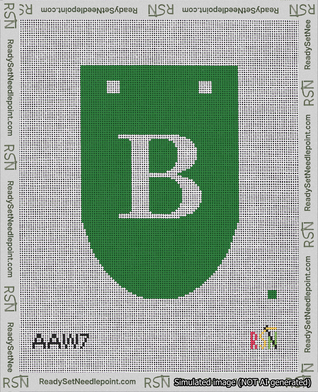 A taped needlepoint canvas with the design: Banner 18 mesh count Rounded B White on Green.