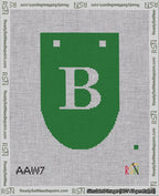 A taped needlepoint canvas with the design: Banner 18 mesh count Rounded B White on Green.