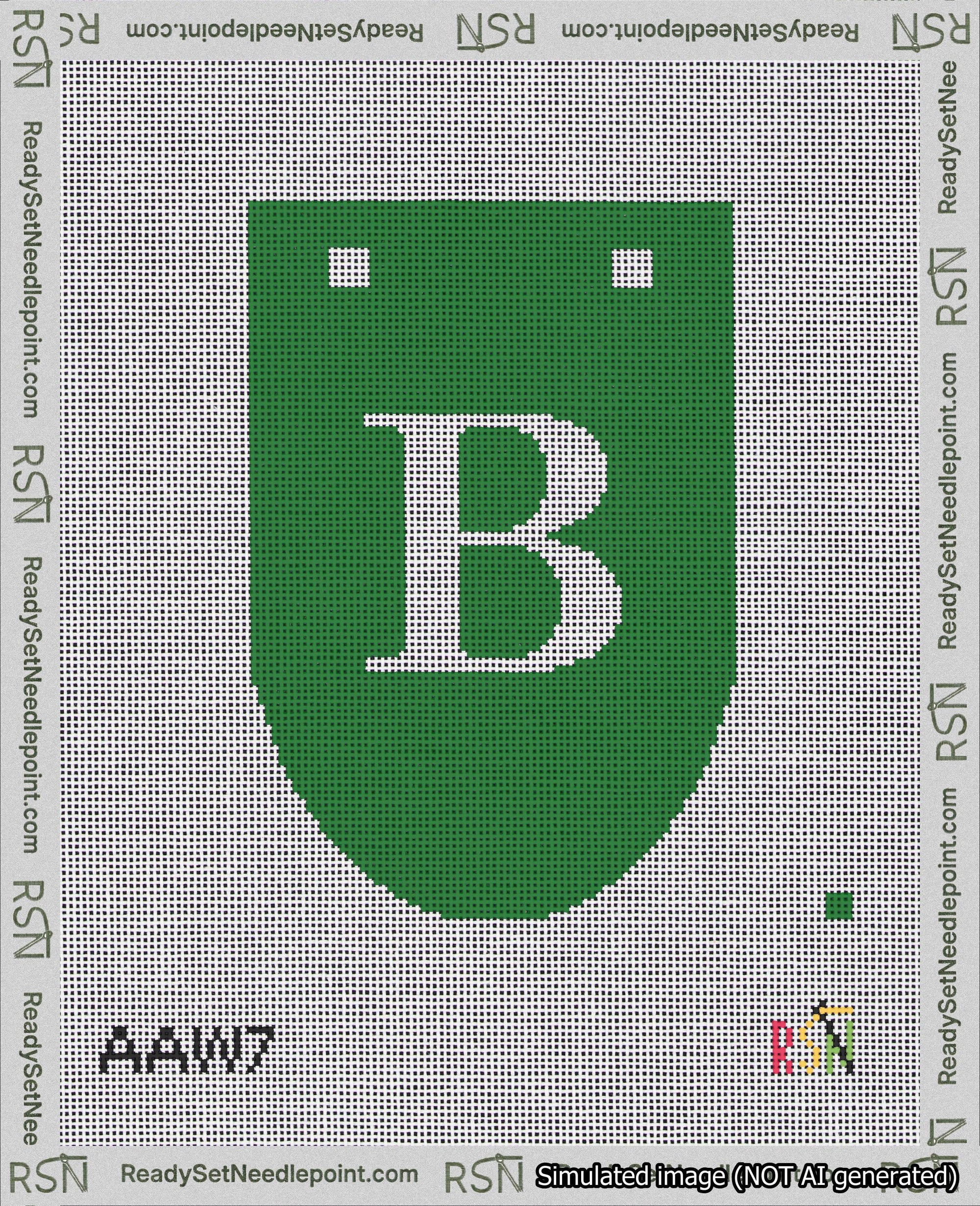 A taped needlepoint canvas with the design: Banner 18 mesh count Rounded B White on Green.