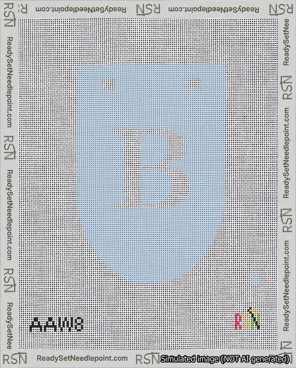 A taped needlepoint canvas with the design: Banner 18 mesh count Rounded B White on Light Blue.