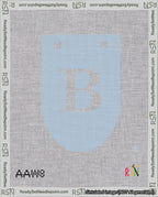 A taped needlepoint canvas with the design: Banner 18 mesh count Rounded B White on Light Blue.